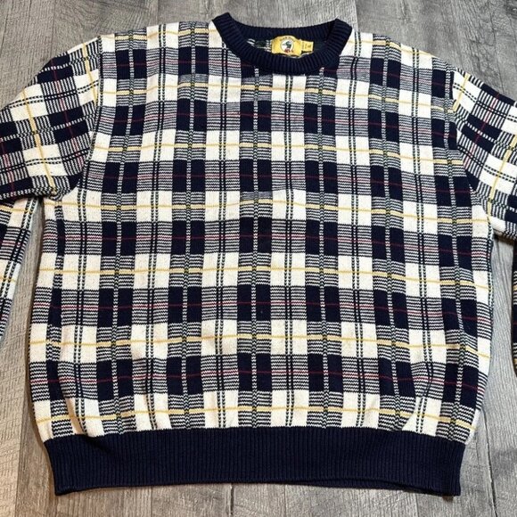 Vintage 90s Grandpa Sweater Mens XL Navy Plaid Golf Cottagecore Preppy DuckHead - Picture 1 of 11